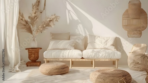 Cozy living room with a white sofa, beige pillows, woven decor, and natural elements. Features a round rug, poufs, a wooden stool, and dried plants, creating a serene, earthy ambiance. © sctung