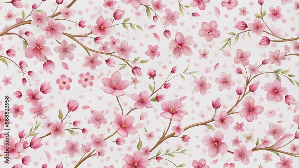 Fototapeta premium Soft pink cherry blossoms swirl in whimsical harmony, creating a beautiful, intricate, and seamless repeating pattern on a gentle white background.