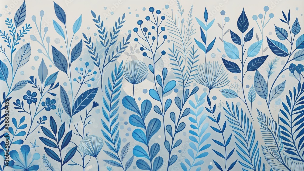 Intricate hand-drawn blue plant leaves and flowers silhouette with organic abstract shapes on a light minimalist horizontal background pattern. Intricate hand-drawn blue plant leaves and flowers silhouette with organic abstract shapes on a light minimalist horizontal background pattern.
