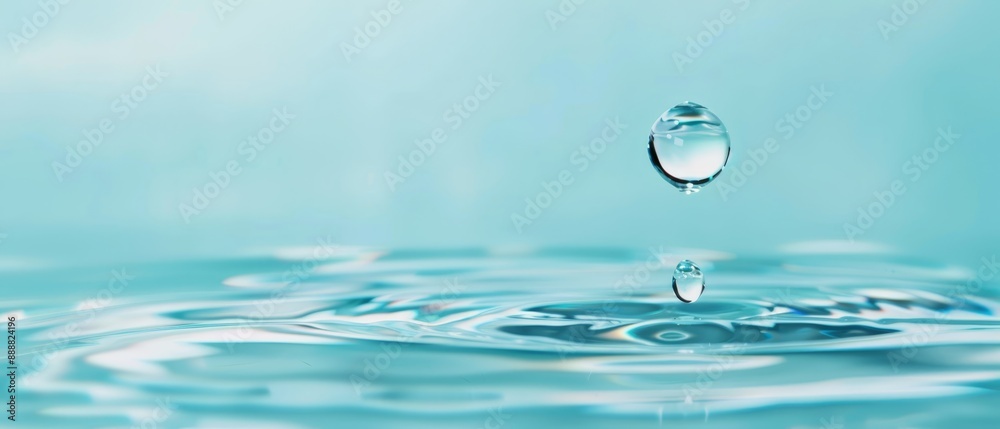 A drop falls into a blue pool, surrounded by a light blue sky A drop falls into a blue pool, surrounded by a light blue sky