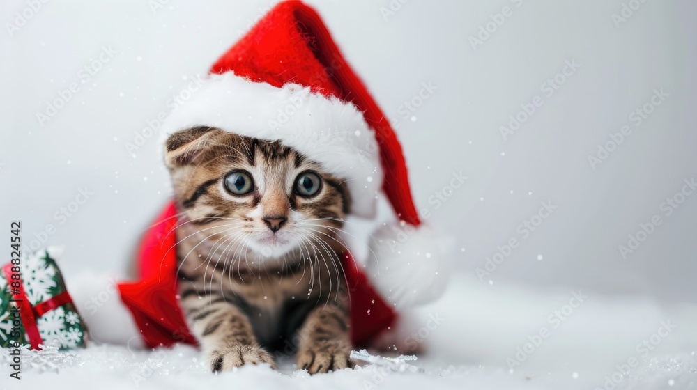 Kitten in Santa outfit with gifts on white background Festive cat looks at the camera Holiday season and New Year sale Snowflake for greeting Kitten in Santa outfit with gifts on white background Festive cat looks at the camera Holiday season and New Year sale Snowflake for greeting