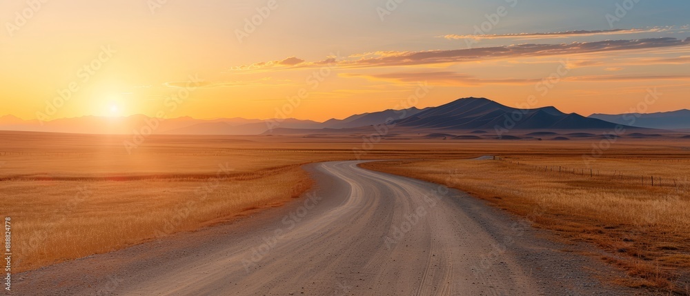 Fototapeta premium A dirt path in a field against a backdrop of distant mountain ranges during sunset