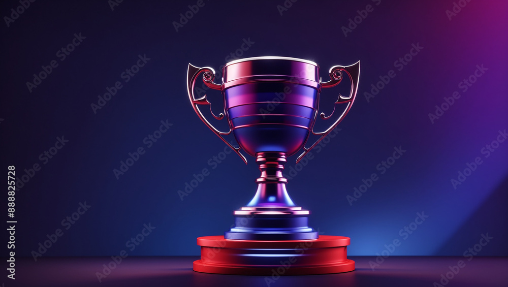 A shiny silver trophy with two handles stands on a red base against a dark blue and purple background.


