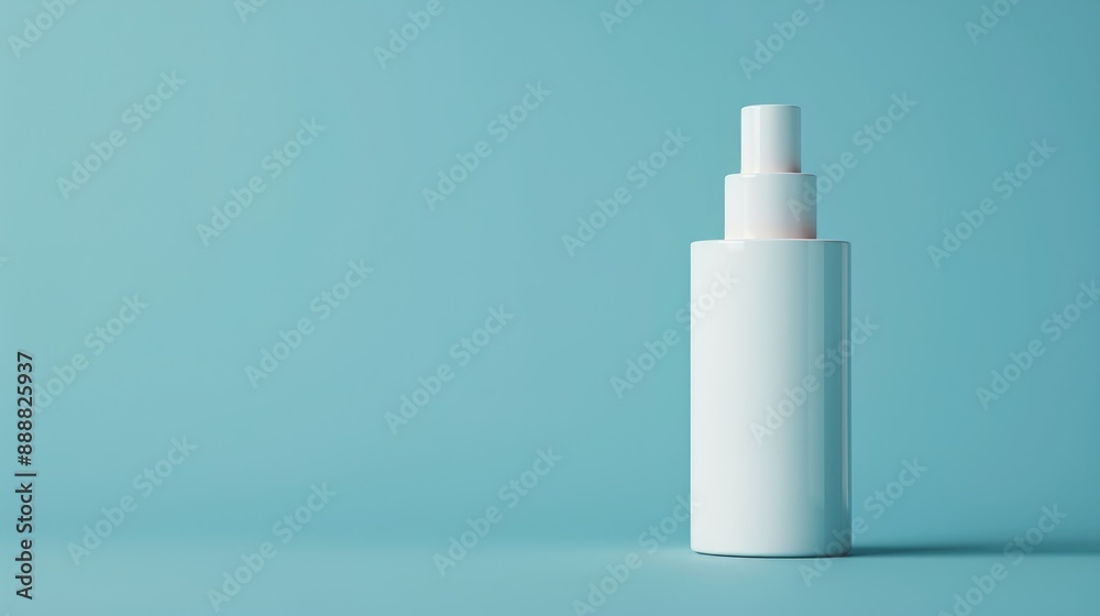 Unbranded white dispenser container on blue backdrop Cosmetic package mockup with available space