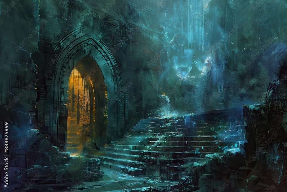 Mysterious temple ruins with glowing blue light and ancient architecture Mysterious temple ruins with glowing blue light and ancient architecture