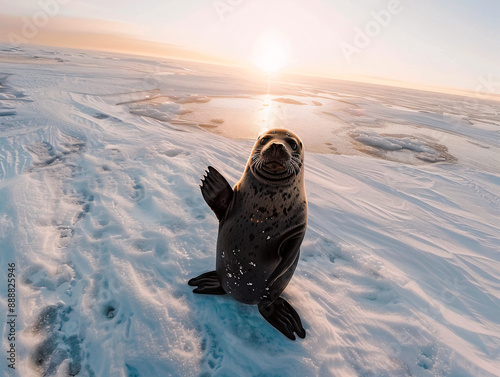 a seal standing on snow photo