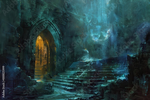 Mysterious temple ruins with glowing blue light and ancient architecture