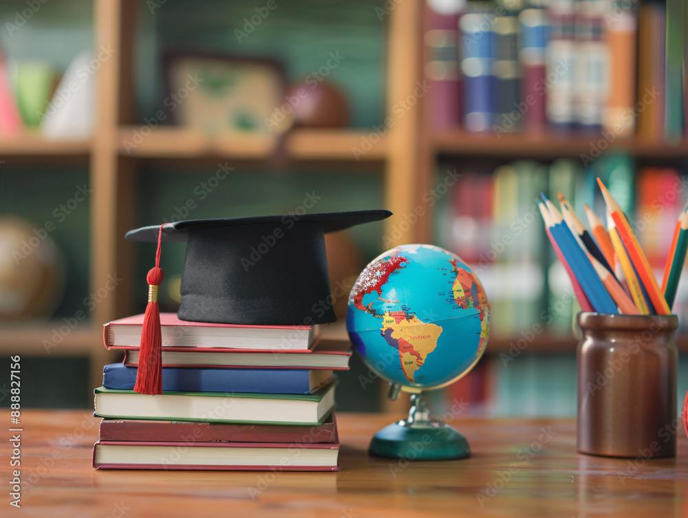 a graduation cap on top of a stack of books and a globe a graduation cap on top of a stack of books and a globe