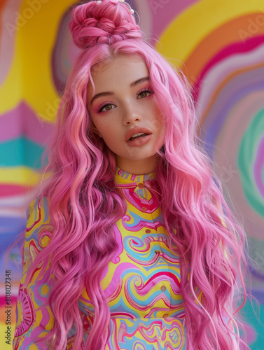 Beautiful woman with pink hair in multicoloured turtleneck