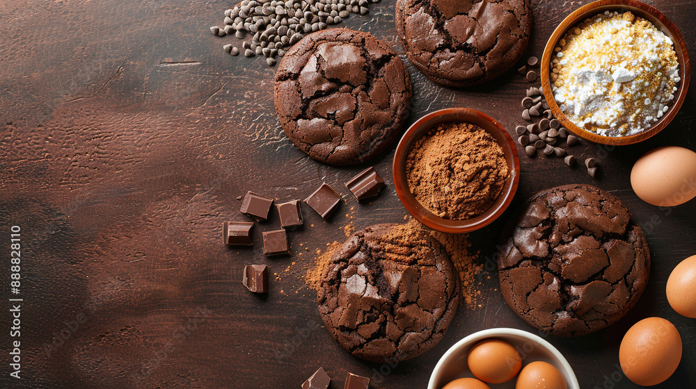 Baked Homemade Chocolate Cookies with Ingredients on Table Baked Homemade Chocolate Cookies with Ingredients on Table