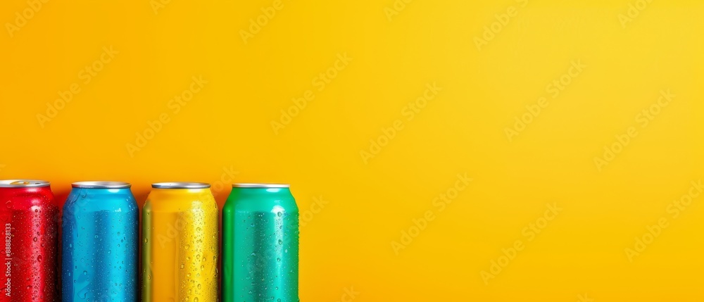 A row of colorful soda cans sits atop a yellow table Nearby, a red and blue soda can stand separate A row of colorful soda cans sits atop a yellow table Nearby, a red and blue soda can stand separate