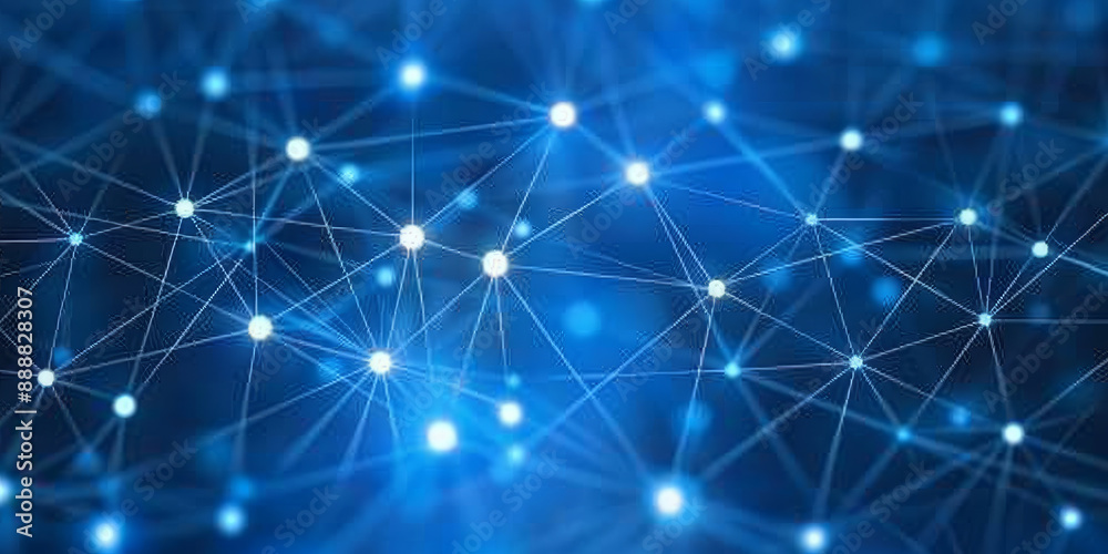 Abstract digital landscape with glowing particles and lines on a dark blue backdrop, symbolizing technology. 