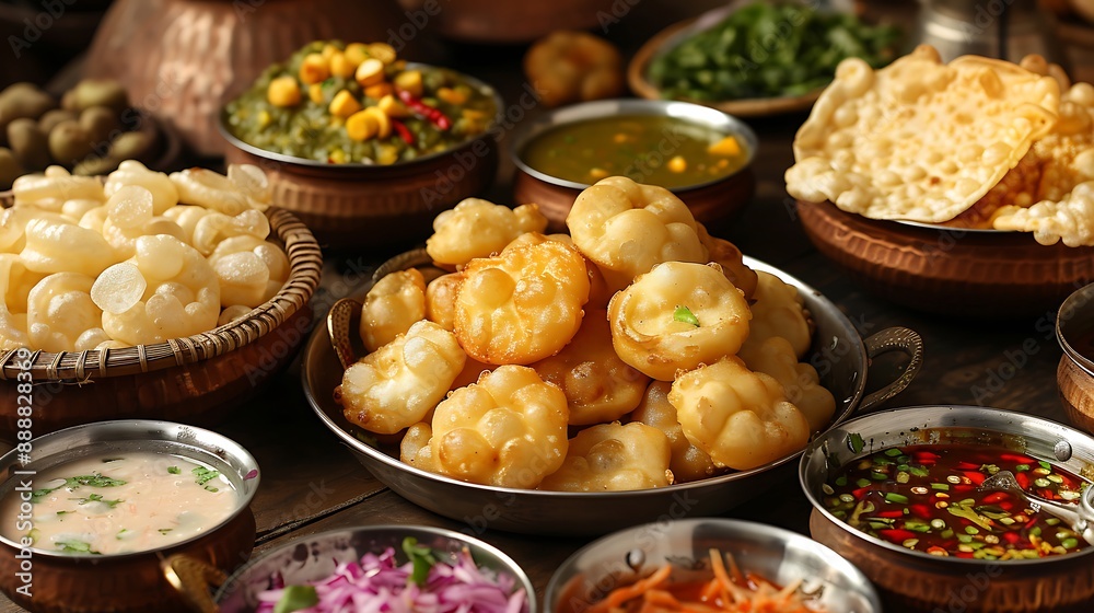 Delicacies of pani puri on a painted the following table Delicacies of pani puri on a painted the following table