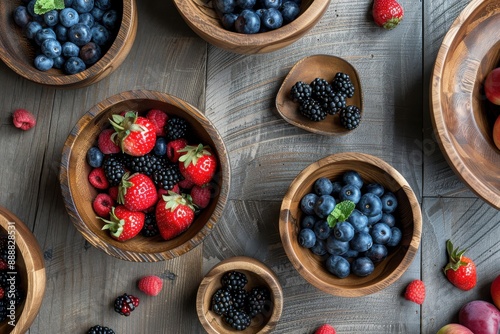 Fresh Berries in Wooden Bowls on a Rustic Tabletop