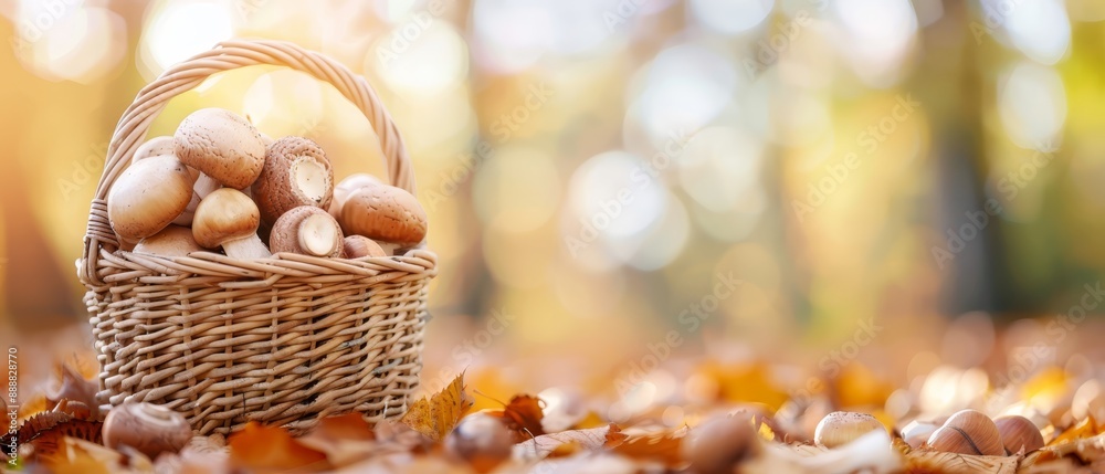 A basket brimming with mushrooms atop a mound of leaves, atop a heap of fallen foliage A basket brimming with mushrooms atop a mound of leaves, atop a heap of fallen foliage