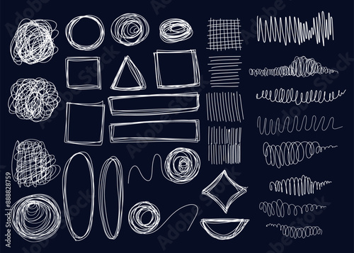 Hand drawn scribbles collection. Grunge scrawls, charcoal scribbles, white pencil curly lines, curvature strokes, shapes and geometric frame. Scrawl vector isolated textured elements .