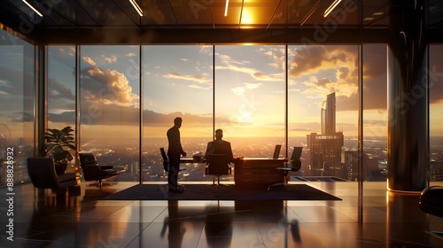Two Businessmen Meeting with Cityscape View