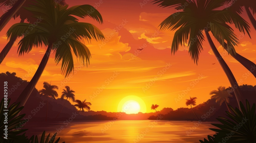 Discover the beauty of a jungle river at sunset in this captivating wallpaper. Discover the beauty of a jungle river at sunset in this captivating wallpaper.