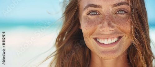  A tight shot of a woman, her face dotted with freckles, grinning into the camera, her hair also sprinkled with them