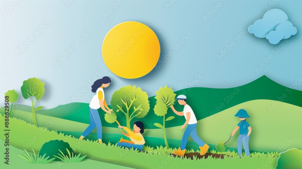 An illustration of a family planting trees together in a green field ...