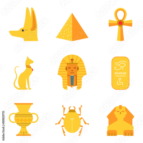 Set of symbols of Egyptian culture in cartoon style. Vector illustration of various golden elements: head of Anubis, pyramid, Ankh cross, Bast cat, pharaoh's mask, sphinx, hieroglyphs, scarab beetle.