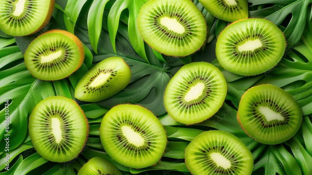 Fresh kiwi fruits arranged on a green background with leaf patterns, showcasing vibrant colors and healthy choices. Fresh kiwi fruits arranged on a green background with leaf patterns, showcasing vibrant colors and healthy choices.