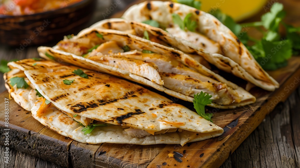 Delicious wedge shaped chicken tortillas on a rustic wooden board Delicious wedge shaped chicken tortillas on a rustic wooden board