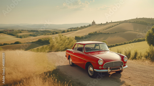 Vintage red car in the Tuscan hills. Tourism and travel concept background. Created with generative AI technology.