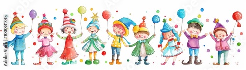 Colorful illustration of children in festive outfits, holding balloons and celebrating with smiles. Perfect for joyful and happy occasions.