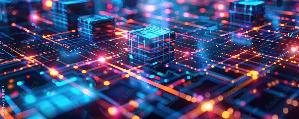 Fototapeta premium Blockchain network, holographic data flow, futuristic tech design