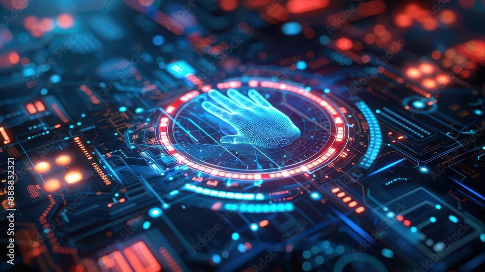 Fototapeta premium Digital risk management, holographic threat assessment, futuristic design
