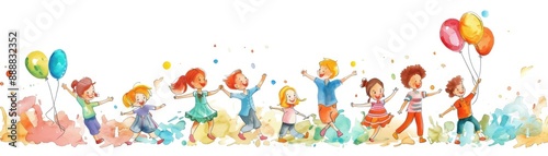 Watercolor illustration of happy children playing with balloons and running in a colorful scene.