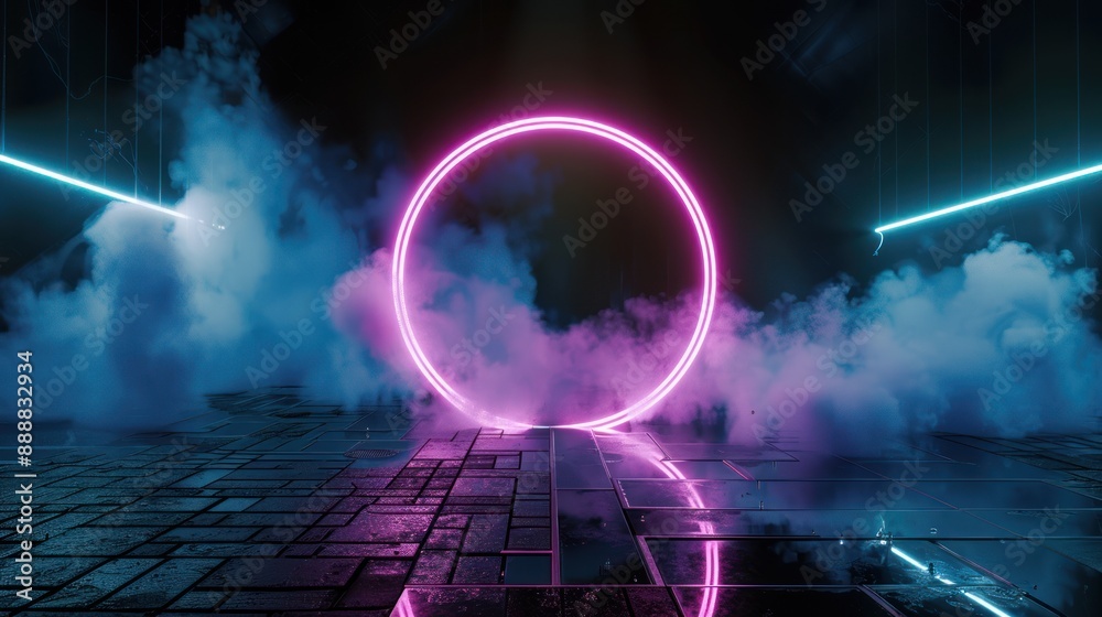 Obraz premium Neon Ring and Smoke in a Dark Space
