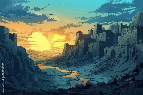 Ancient fortress ruins in a vast desert landscape bathed in the warm hues of a setting sun