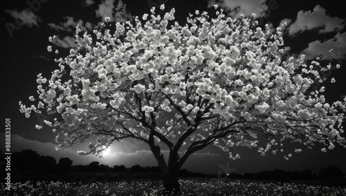 arge, blooming tree with white flowers against a dark sky. The moon is partially visible behind the tree.