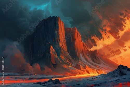 Molten Lava Flowing Through Rocky Mountain Pass photo