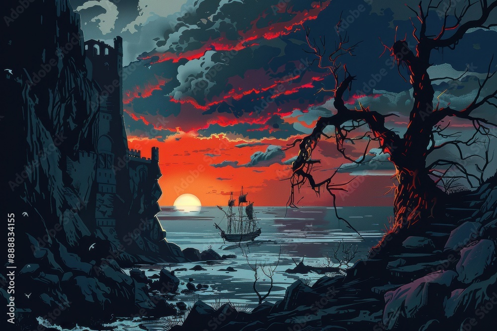 Dark Fantasy Landscape with Castle Ship and Tree Dark Fantasy Landscape with Castle Ship and Tree