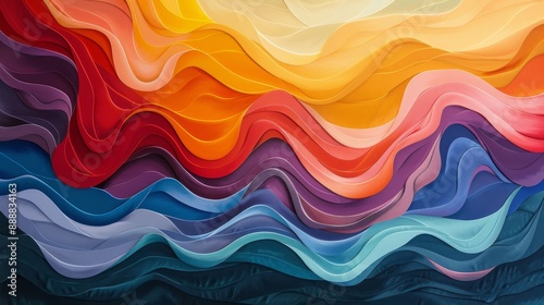 Abstract Colorful Paper Art with Layered Waves in Vibrant Hues of Red, Orange, Yellow, Blue, and Purple