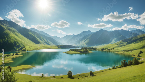 Wallpaper Mural The image shows a beautiful mountain lake with green hills, a bright blue sky, and the sun shining.

 Torontodigital.ca