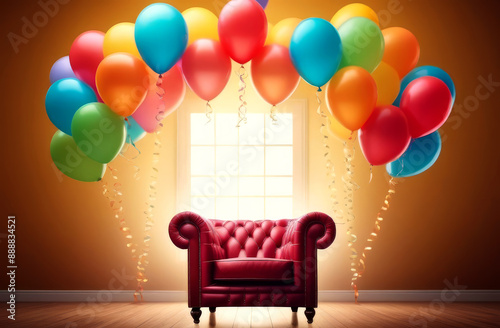 Happy birthday card, invitation with empty space for text. A velvet chair or sofa, a throne for the birthday boy surrounded by colorful balloons. Festive, theatrical atmosphere.