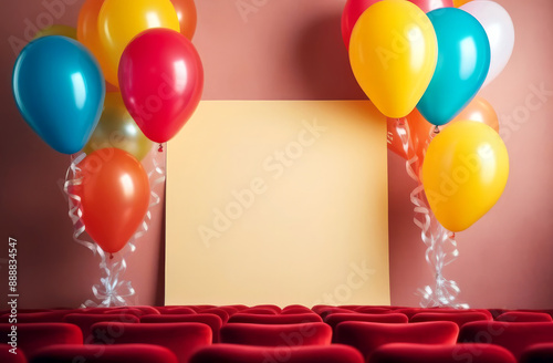 Happy birthday card, invitation with empty space for text. A velvet chair or sofa, a throne for the birthday boy surrounded by colorful balloons. Festive, theatrical atmosphere.