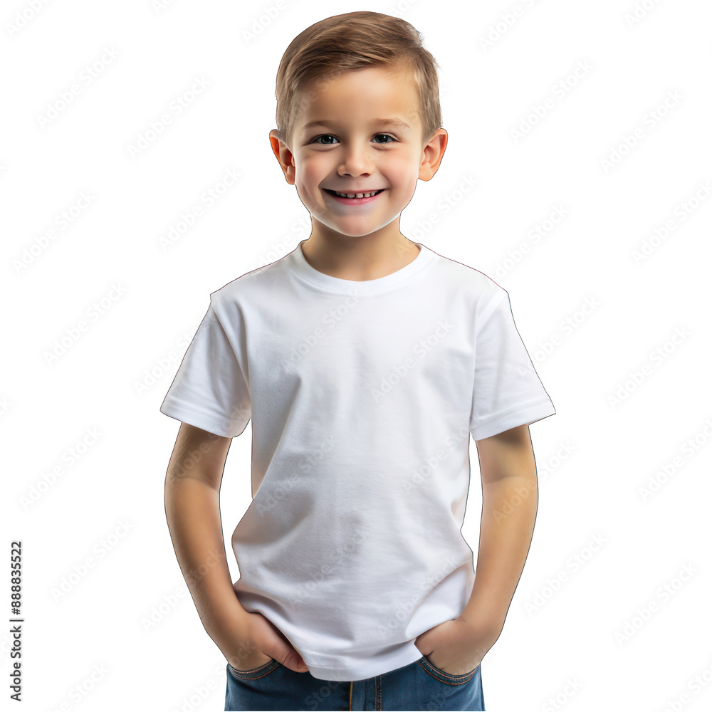 Happy child boy wearing bella canvas white shirt mockup on transparent background Happy child boy wearing bella canvas white shirt mockup on transparent background