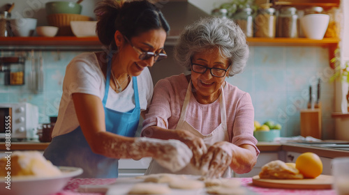 older mother and daughter baking cookies at home