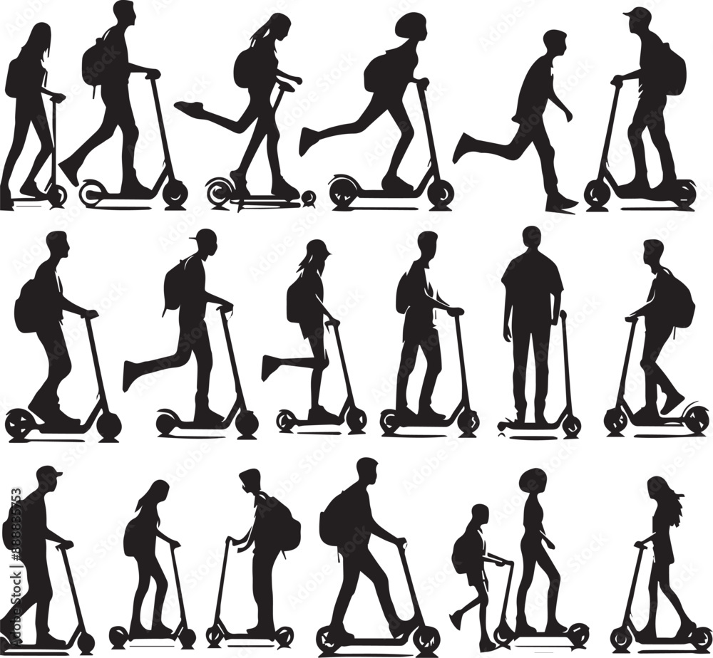 Obraz premium People men women and children riding kick electric urban scooter vector silhouette collection