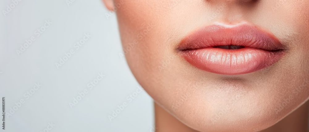 Obraz premium A woman's face, focus on lips painted pink, against a light gray backdrop