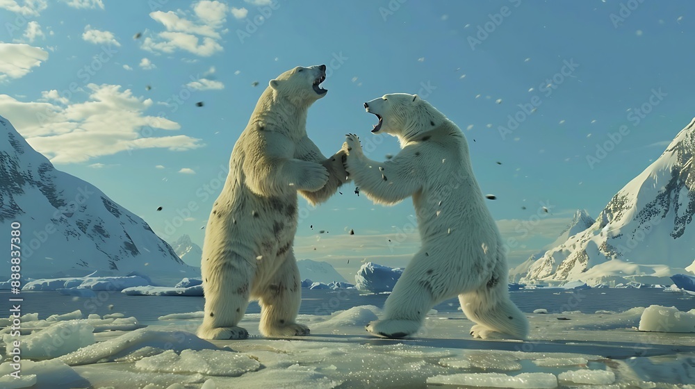 Fighting polar bears on the snow have stood up on their hind legs