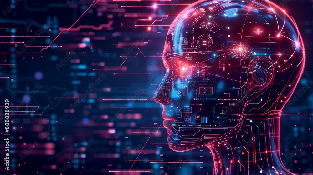 Side profile of a futuristic artificial intelligence computer head with glowing lines and data Side profile of a futuristic artificial intelligence computer head with glowing lines and data