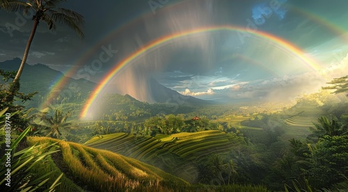 Scenic landscape with vibrant rainbow over lush green rice terraces photo