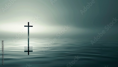 Fototapeta Naklejka Na Ścianę i Meble -  A large Christ wooden cross silhouette in water submerged in a lake with foggy background. 