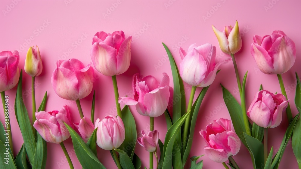 Romantic floral arrangement with pink tulips on soft pink backdrop for special occasions Romantic floral arrangement with pink tulips on soft pink backdrop for special occasions